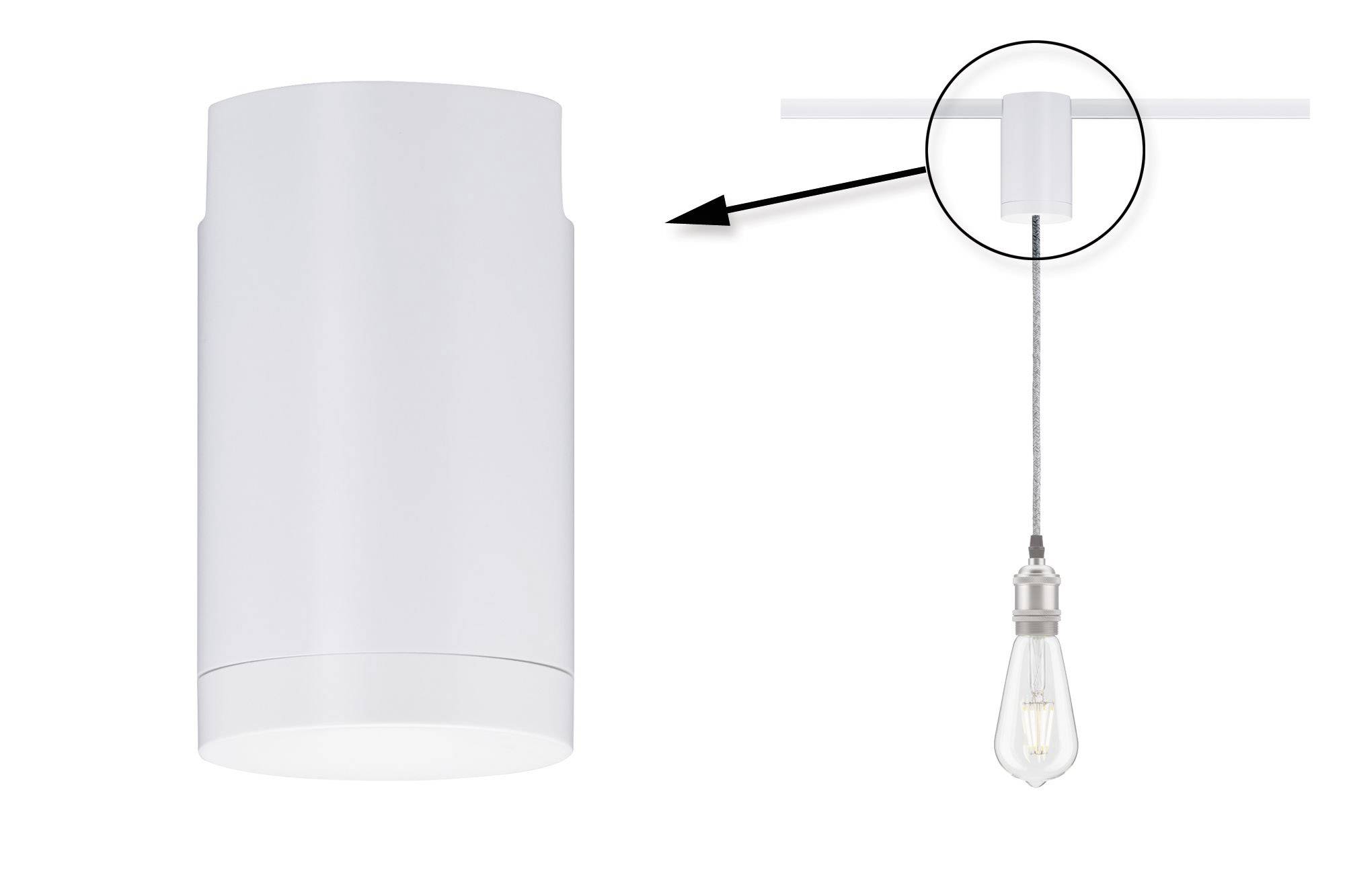 Ein weißer zylindrischer Lampenschirm links; rechts eine Grafik, die zeigt, wie eine Glühbirne daran befestigt wird.
