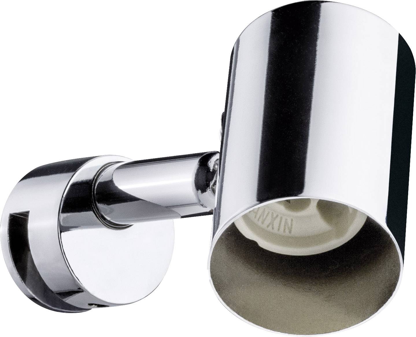 Eine moderne, zylindrische Wandleuchte aus glänzendem Metall, ohne Leuchtmittel, an einer verstellbaren Halterung montiert.