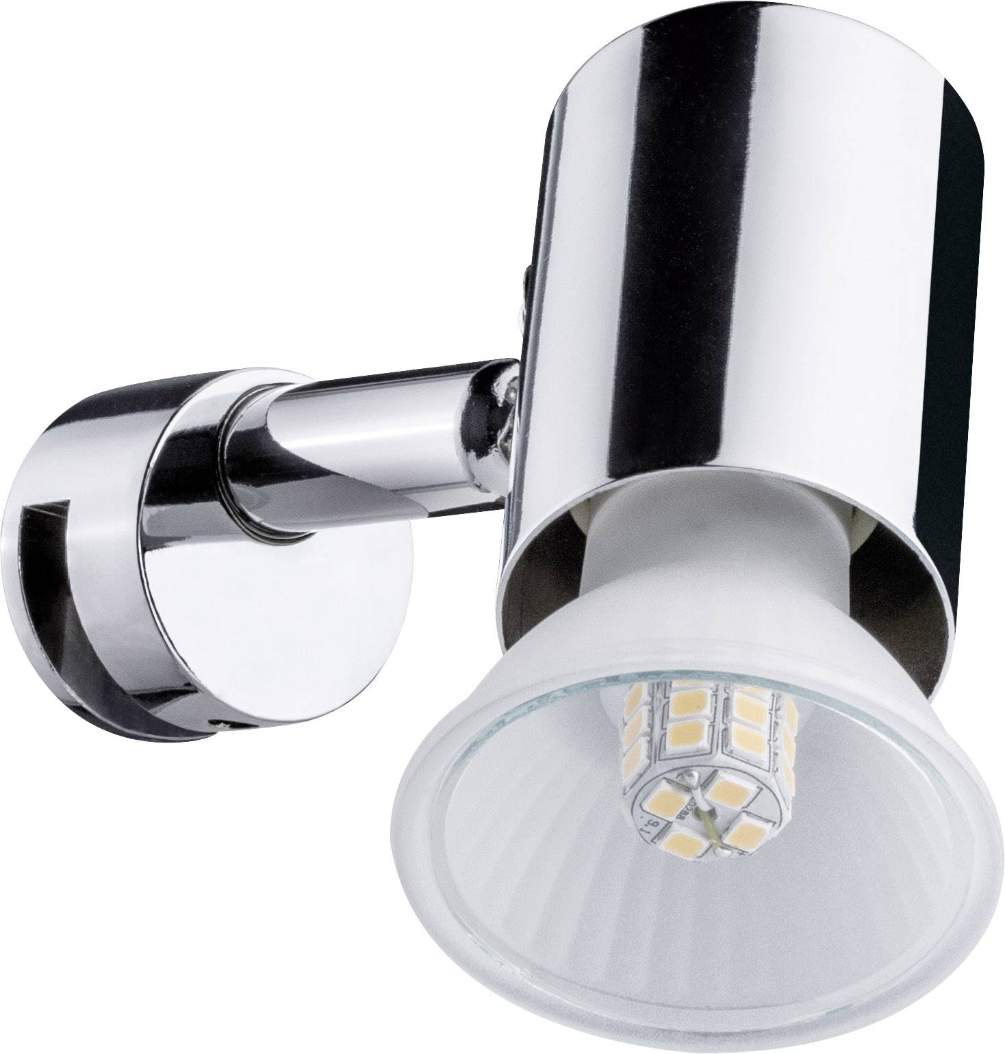 Metallische Wandleuchte mit beweglichem LED-Spot in modernem Design, geeignet für gezielte Beleuchtung in Innenräumen.