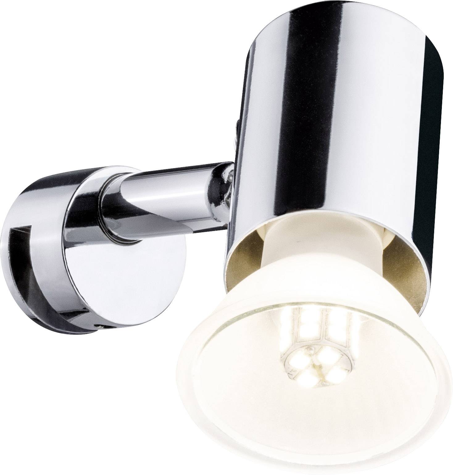 Eine moderne, verchromte Wandlampe mit zylindrischem Design und sichtbarer LED-Glühbirne. Ideal für stilvolle, funktionale Beleuchtung.