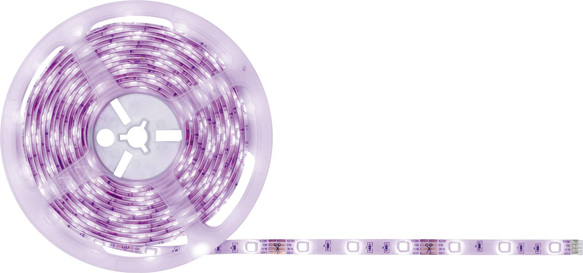 Lila LED-Lichtband auf einer Spule, teilweise ausgerollt.