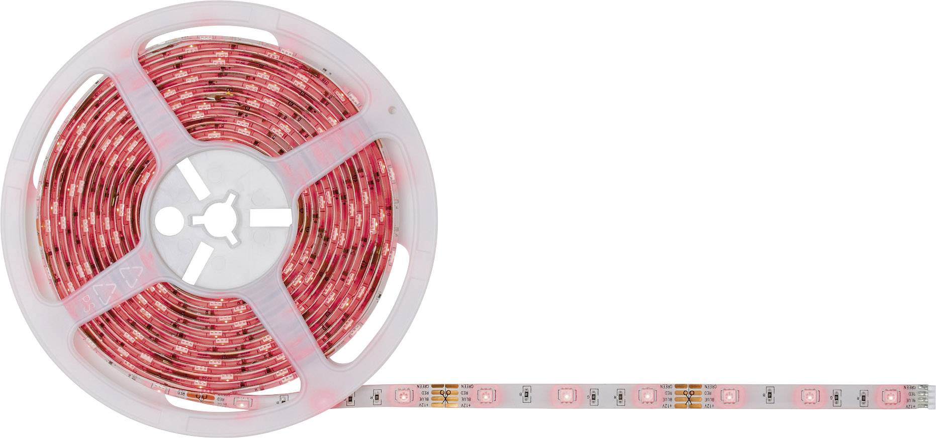 LED-Streifenrolle mit leuchtenden roten LEDs auf weißem Hintergrund.