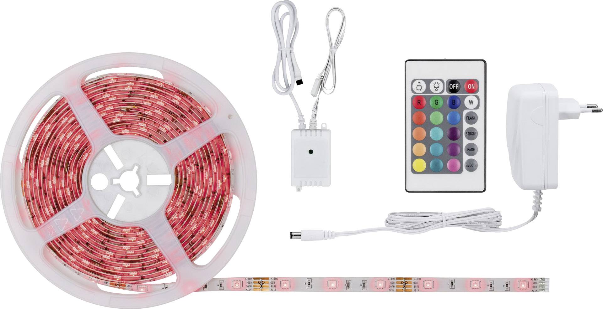 LED-Lichtstreifen-Set: Enthält eine Rolle roter LED-Streifen, Fernbedienung mit Farb- und Helligkeitsoptionen, Netzteil.
