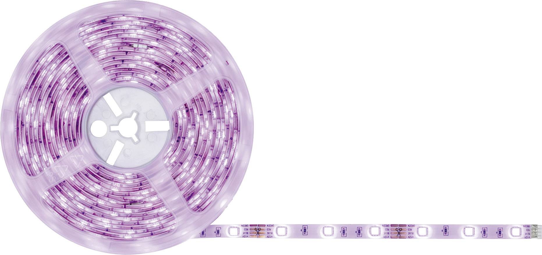 Lila LED-Lichtstreifen aufgerollt, teilweise entrollt zur rechten Seite. Ideal für dekorative Beleuchtung oder Akzentbeleuchtung.