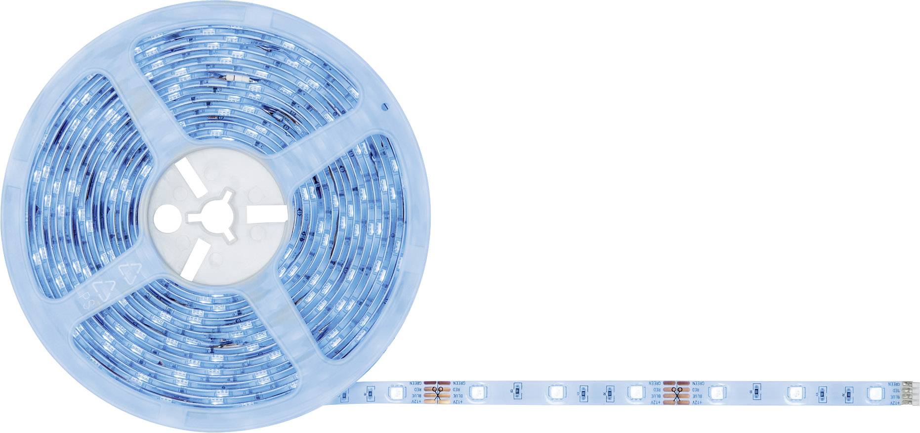 Blaue LED-Lichtleiste auf Rolle, teilweise abgewickelt, zeigt die Dioden auf dem Band. Ideal für dekorative Beleuchtung.
