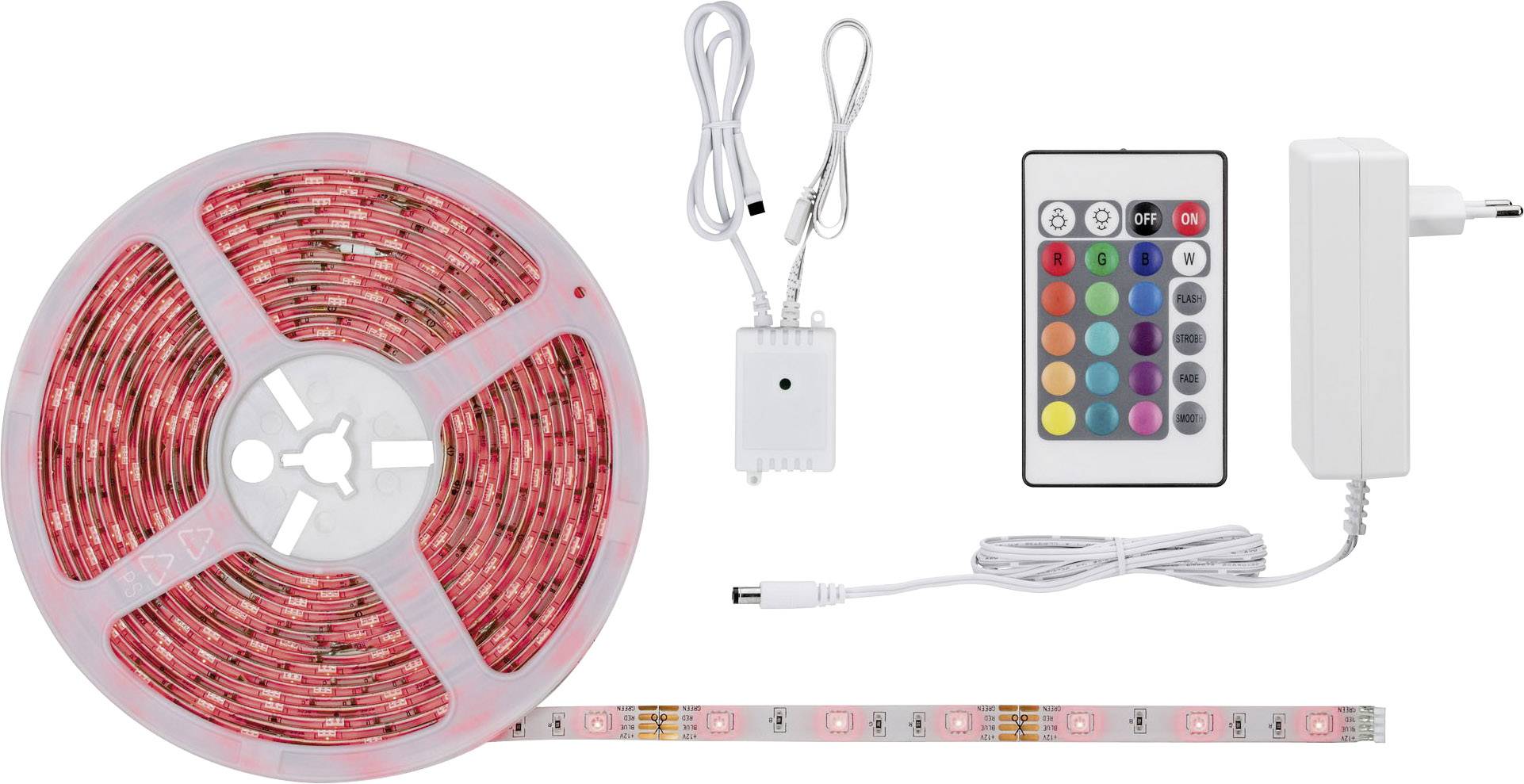 LED-Lichtbandset mit Fernbedienung und Netzteil, ermöglicht die Steuerung von Farben und Helligkeit der Lichter.