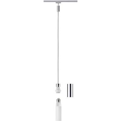 Einzelne Hängelampe mit langem Kabel, verchromtem Gehäuse und weißem Leuchtmittel, vertikal ausgerichtet vor weißem Hintergrund.