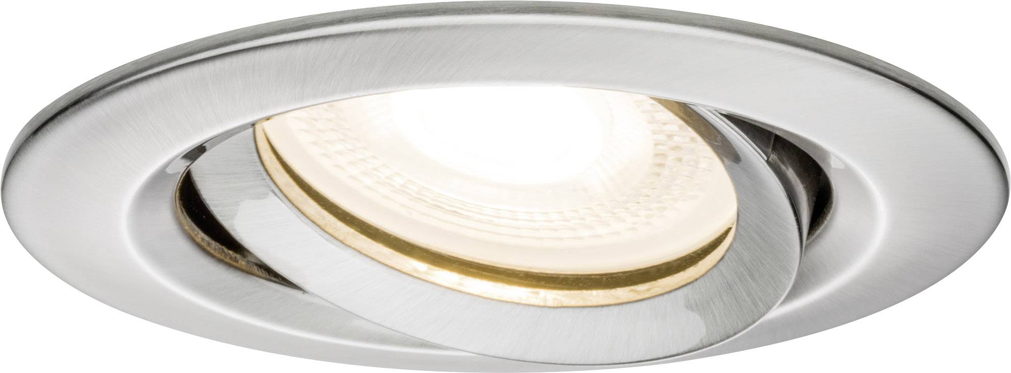 Spotlight in runder, verstellbarer Einbauleuchte aus Metall, silberne Fassung; beleuchtet mit warmem Licht.