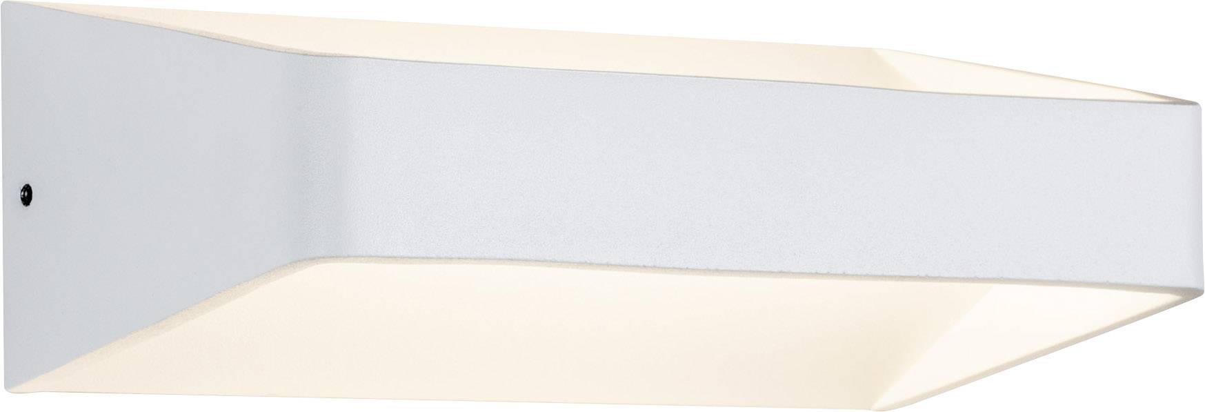 Weiße Wandlampe mit modernem, geometrischem Design. Rechteckige Form, die sich zur Wand hin verjüngt, gleichmäßiges, sanftes Licht.