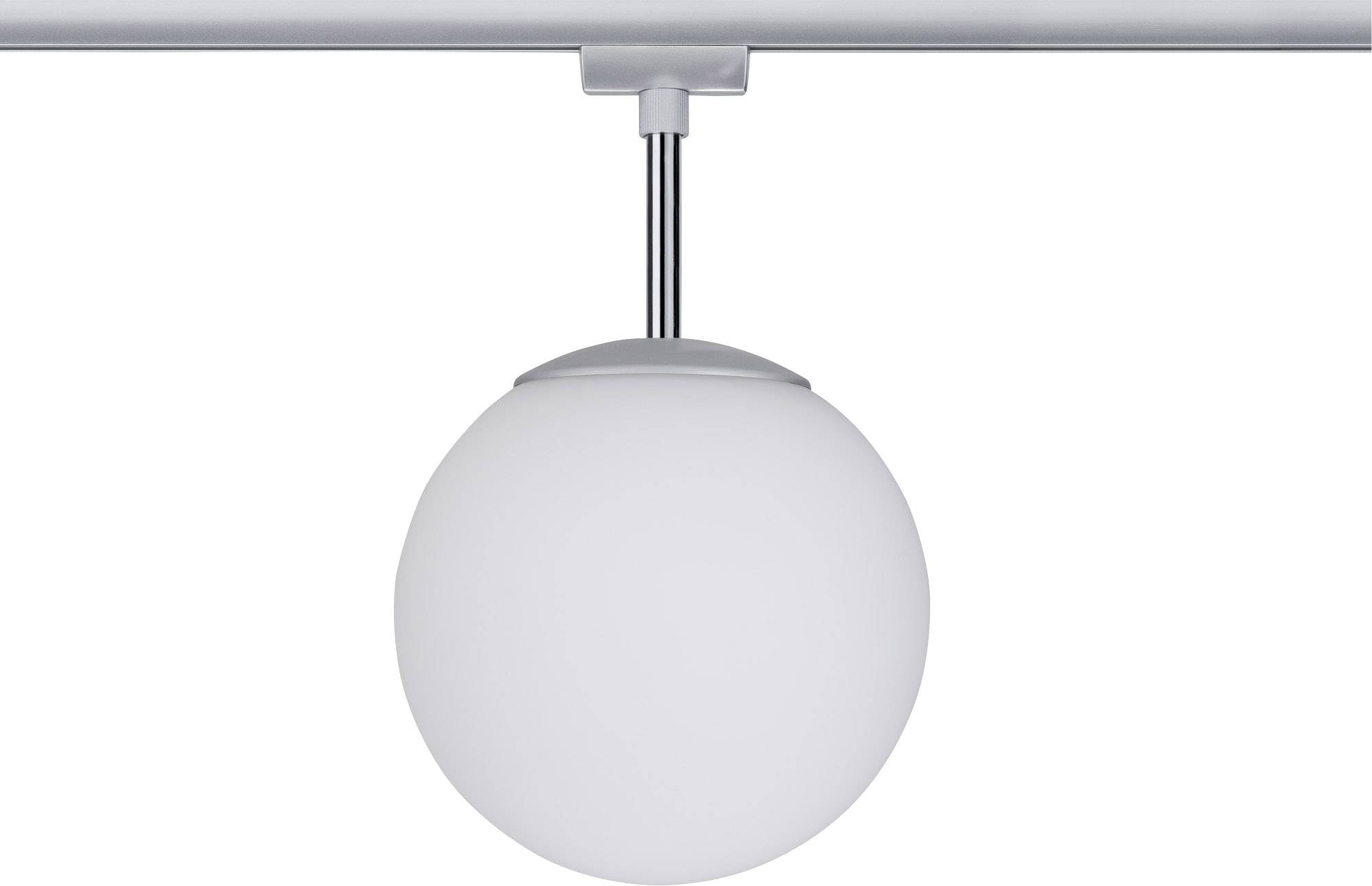 Eine runde, weiße Deckenleuchte mit einem modernen Design hängt von einer Metallstange herab.