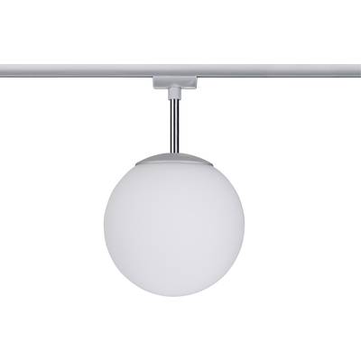 Eine runde, weiße Deckenleuchte mit einem modernen Design hängt von einer Metallstange herab.