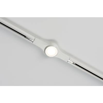 Ein einzelnes, rundes LED-Licht an einer Decke, eingebaut in eine lineare Halterung. Das Licht ist eingeschaltet und leuchtet.