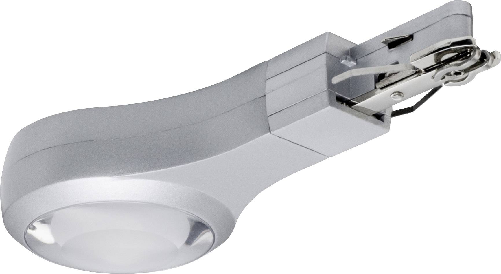Eine silberne LED-Lupe mit einer großen, runden Linse und einem stabilen Griff. Sie ist batteriebetrieben und tragbar.