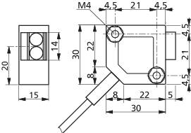 Technische Zeichnung eines rechteckigen Sensors mit Maßen. Zeigt Abstand und Position von Schraubenlöchern und Kabelanschluss.