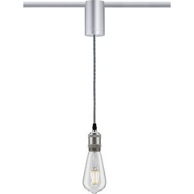 'Hängende Glühbirne an silbernem Kabel von Deckenleuchte. Retro-Design mit sichtbarem Wendeldraht, moderne silberne Halterung.'