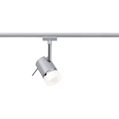 Silberne Deckenleuchte mit verstellbarem Strahler. Ideal für gezielte Beleuchtung in modernen Innenräumen.