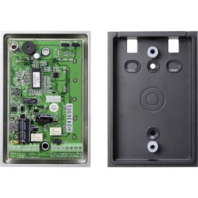 Elektronische Platine mit verschiedenen Chips und Komponenten auf der linken Seite. Rechte Seite zeigt leeres schwarzes Gehäuse.