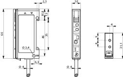 Technische Zeichnung eines elektronischen Geräts mit Maßen und Beschriftungen. Frontal-, Seiten- und Innenansicht mit Anschlüssen.