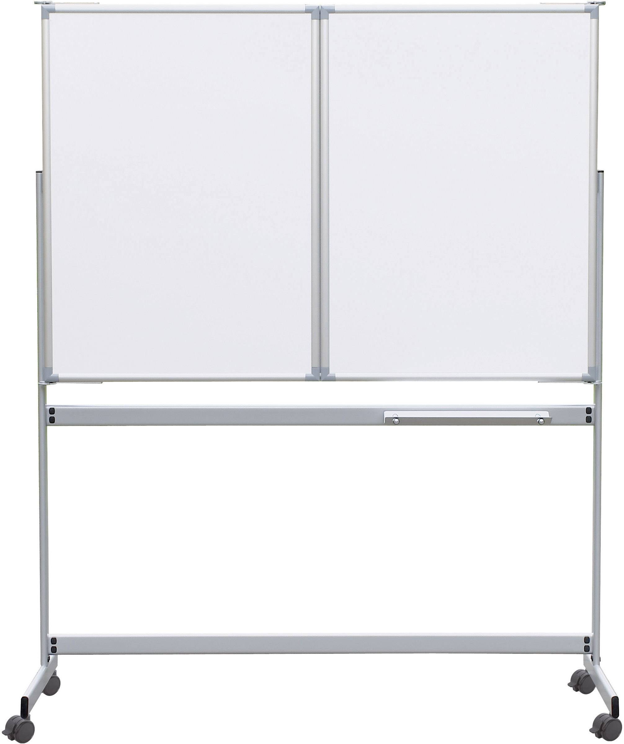 Ein weißes, mobiles Whiteboard auf Rollen mit zwei Tafelflächen. Ideal für Notizen und Präsentationen in Büros oder Klassenzimmern.