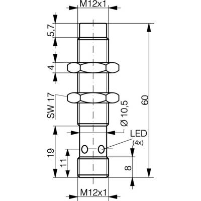 Technische Zeichnung eines zylindrischen Bauteils mit M12x1-Gewinden oben und unten, Länge 60 mm, 4 LEDs markiert, Durchmesser 10,5 mm.