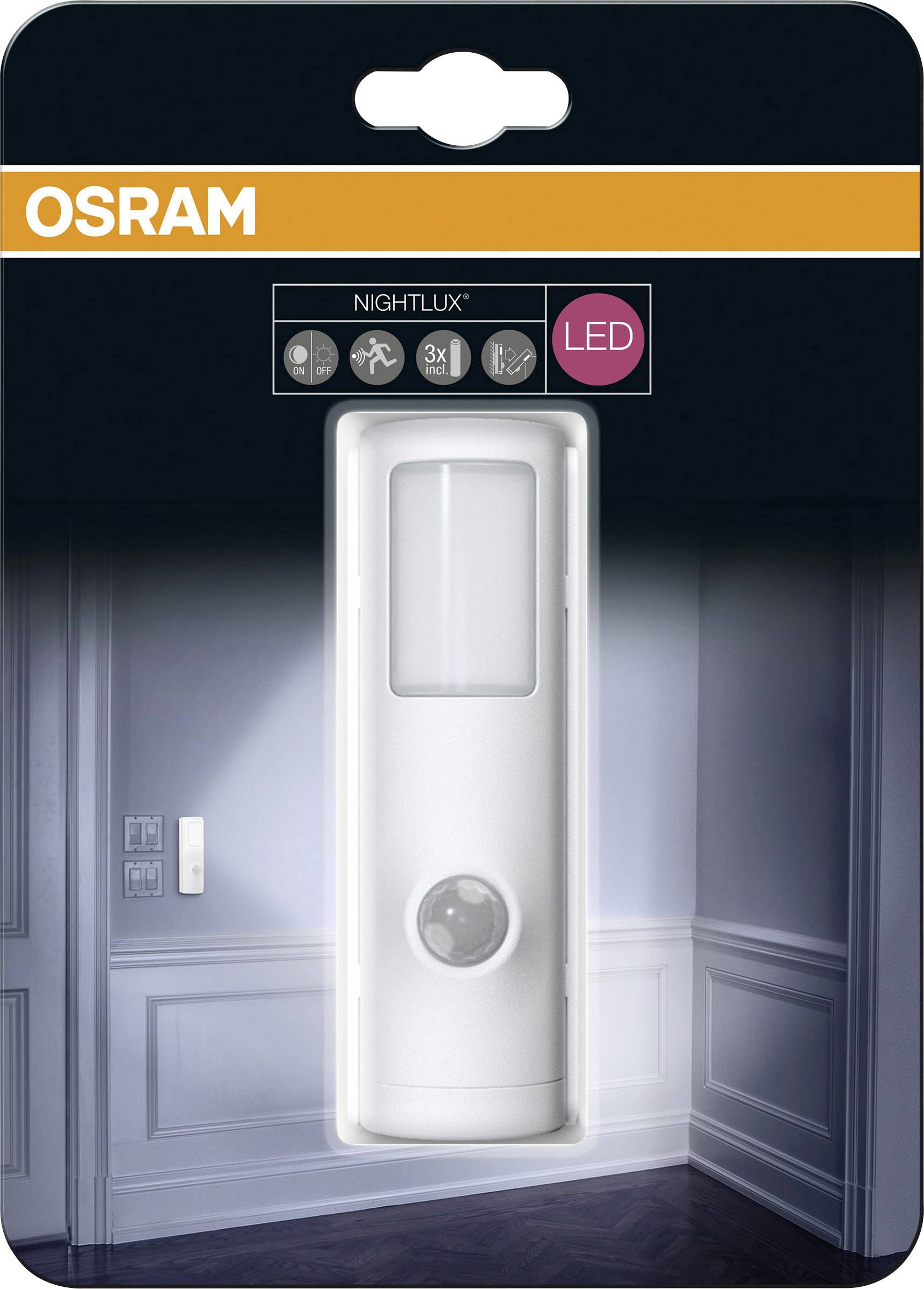 LED Bewegungsmelder 'Osram Nightlux' in Verpackung, geeignet für Wände oder Ecken. Energiesparend, ideal für Flure und Treppen.