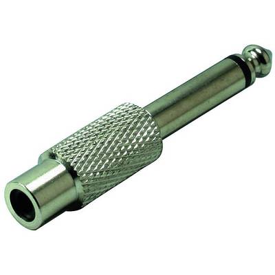 Ein Metalladapter mit einem 6,35-mm-Mono-Klinkenstecker auf eine 3,5-mm-Klinkenbuchse, häufig verwendet in Audiogeräten.
