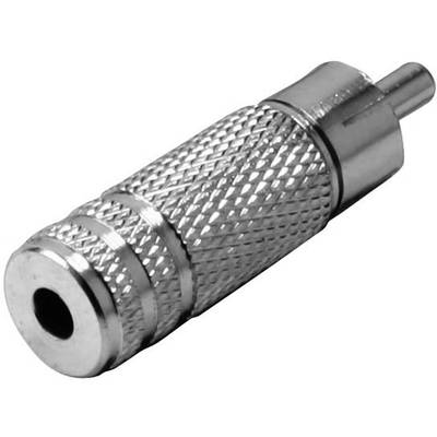 Ein silberner, zylindrischer Stecker mit geriffelter Oberfläche und einem Stift an einem Ende, wahrscheinlich ein Audio- oder Videoanschluss.
