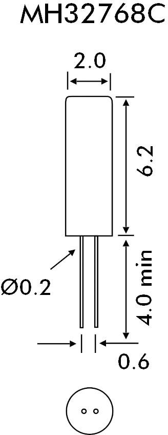 Diagramm eines elektronischen Bauteils mit den Maßen: Höhe 6,2 mm, Breite 2,0 mm. Beinchenabstand 0,2 mm. Modellnummer: MH32768C.