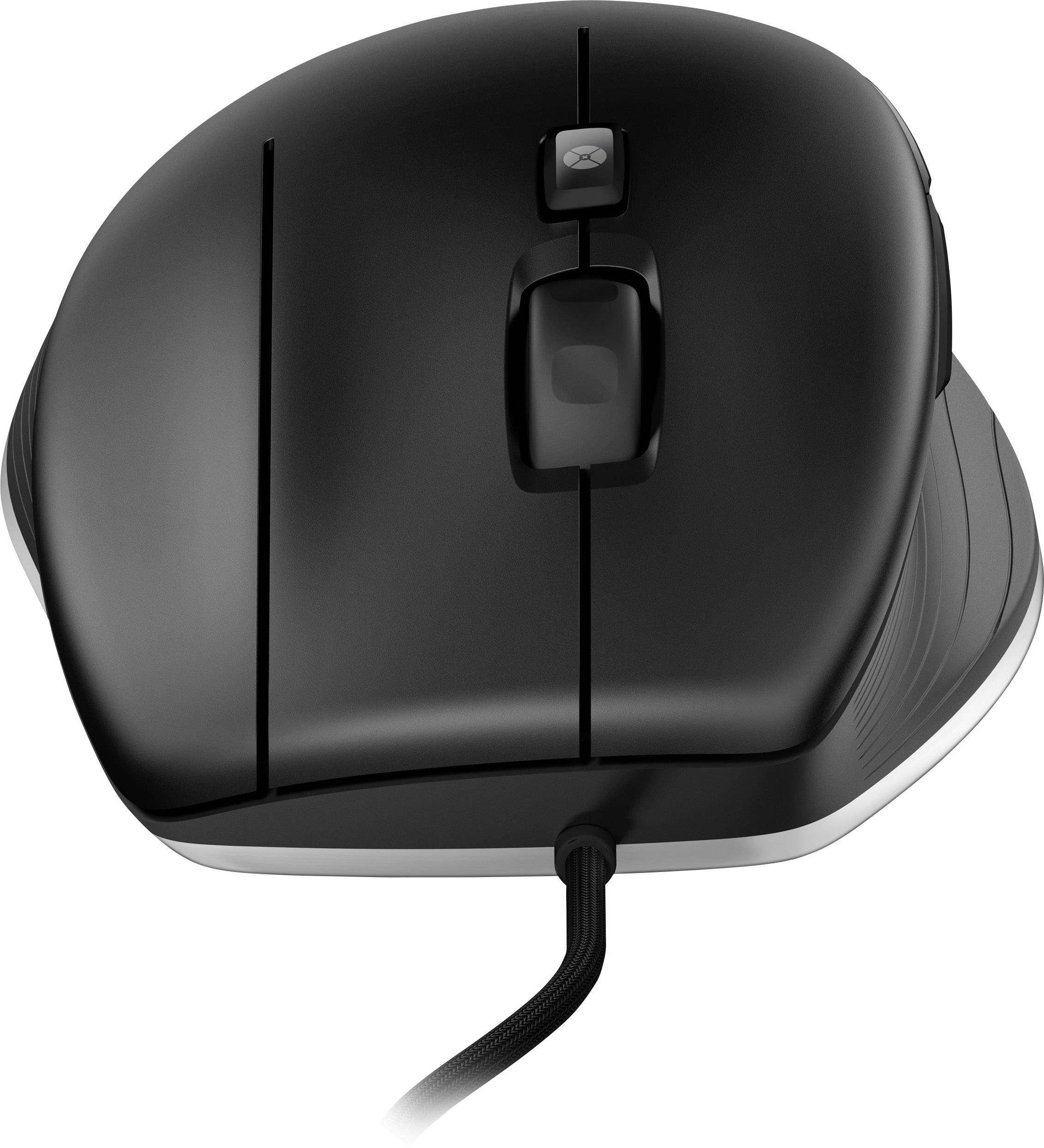 Eine schwarze kabelgebundene Computermaus mit einem Scrollrad und zwei Tasten, auf einer weißen Hintergrundfläche platziert.