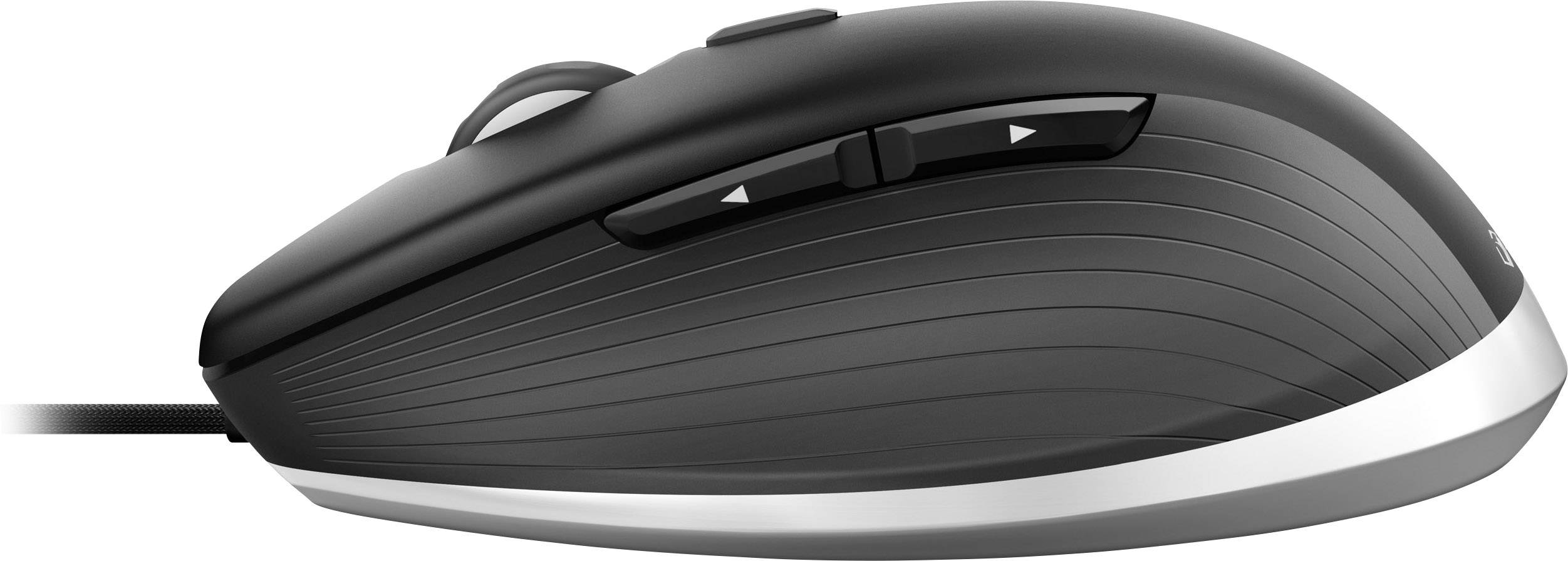 Eine schwarze Computermaus mit Kabel, mehreren Tasten an der Seite und einem Scrollrad.