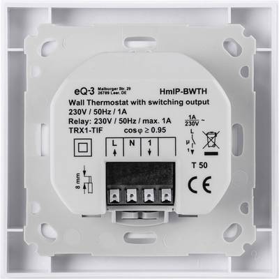 Ein Wandthermostat von eq-3 mit schaltbarem Ausgang, 230V/50Hz/1A. Anschlüsse und technische Symbole sind sichtbar.