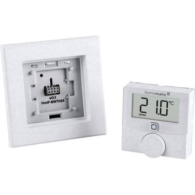Ein Thermostat mit digitalem Display zeigt '21,0°C'. Daneben eine leere, quadratische Wandhalterung zur Installation.