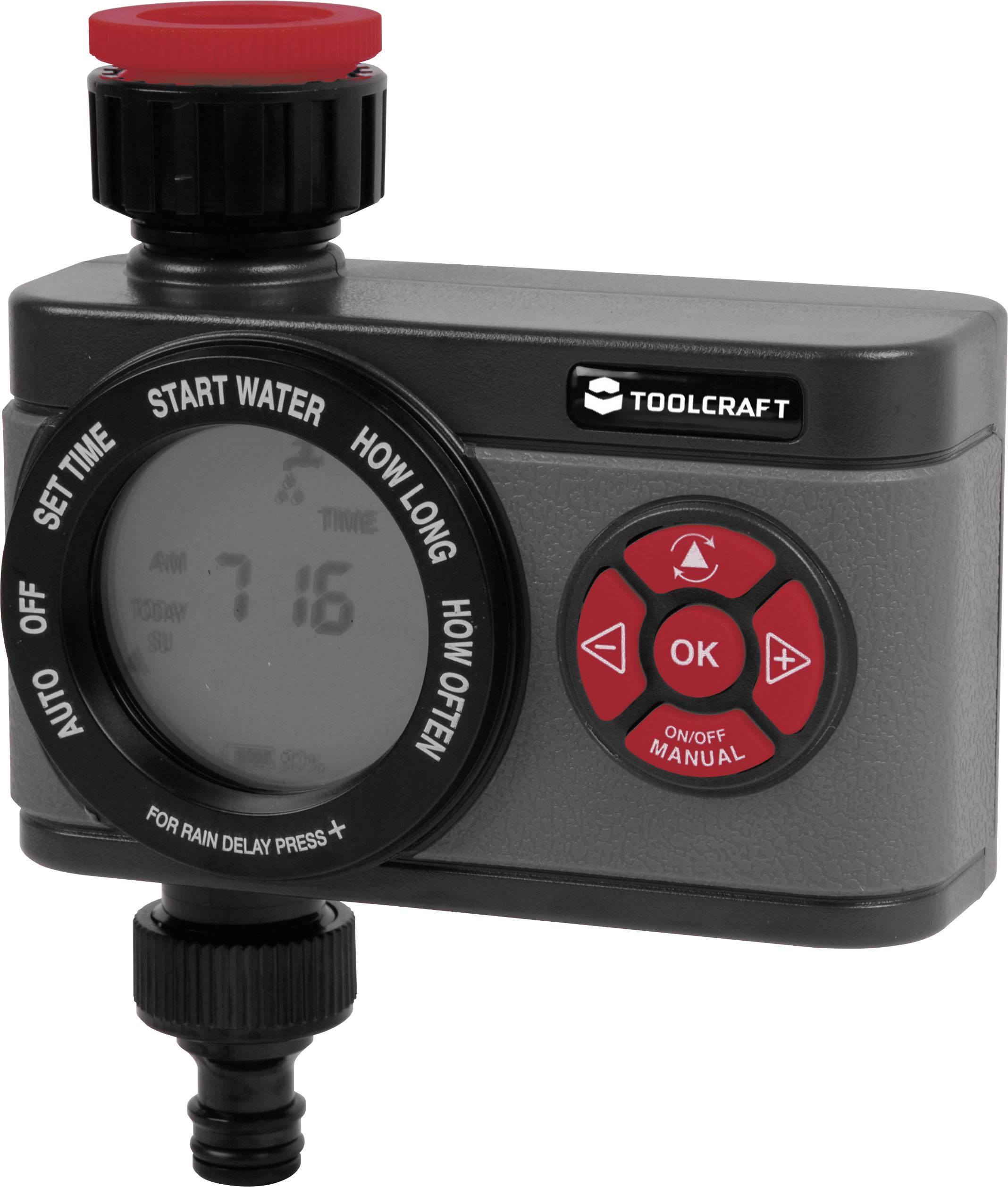 Ein digitaler Bewässerungs-Timer mit Display und Steuerungstasten. Zeigt Uhrzeit an und ermöglicht Einstellung von Bewässerungsintervallen.