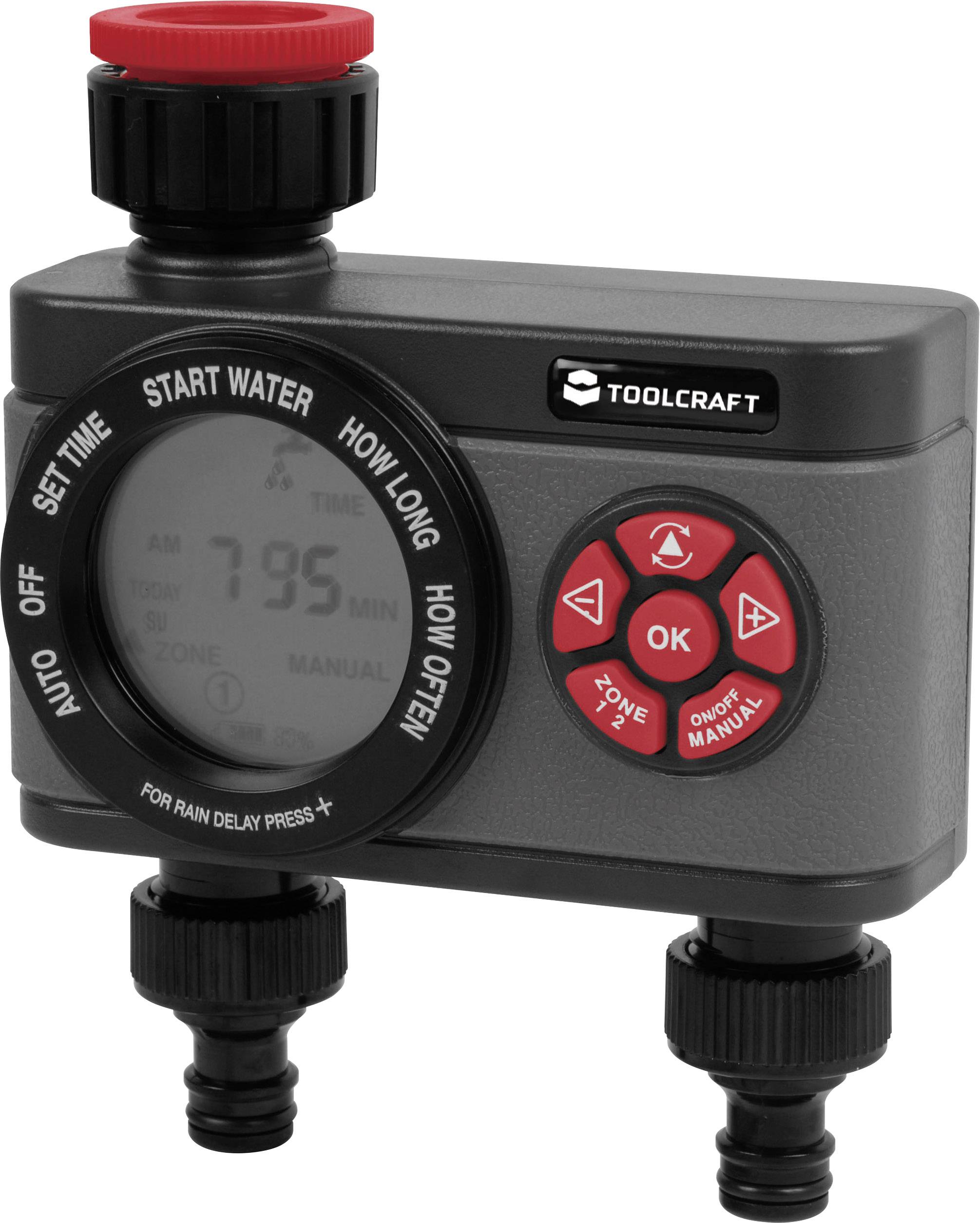 'Bewässerungsuhr mit Display, Tasten zur Steuerung, Einstellungen wie Auto, Set Time, Start Water, Markenname oben sichtbar.'