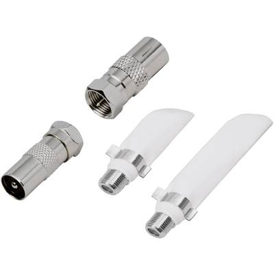 Vier Metallkoaxialadapter: Zwei mit gerändelten Kappen und zwei mit weißen Kunststoffabdeckungen.