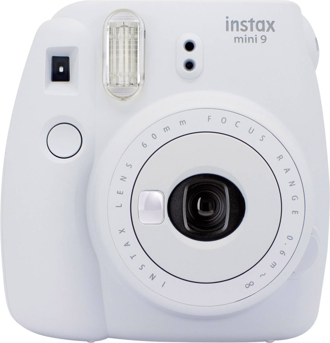 Weiße Instax Mini 9 Sofortbildkamera mit prominentem Objektiv und Blitz, bekannt für den sofortigen Fotodruck.