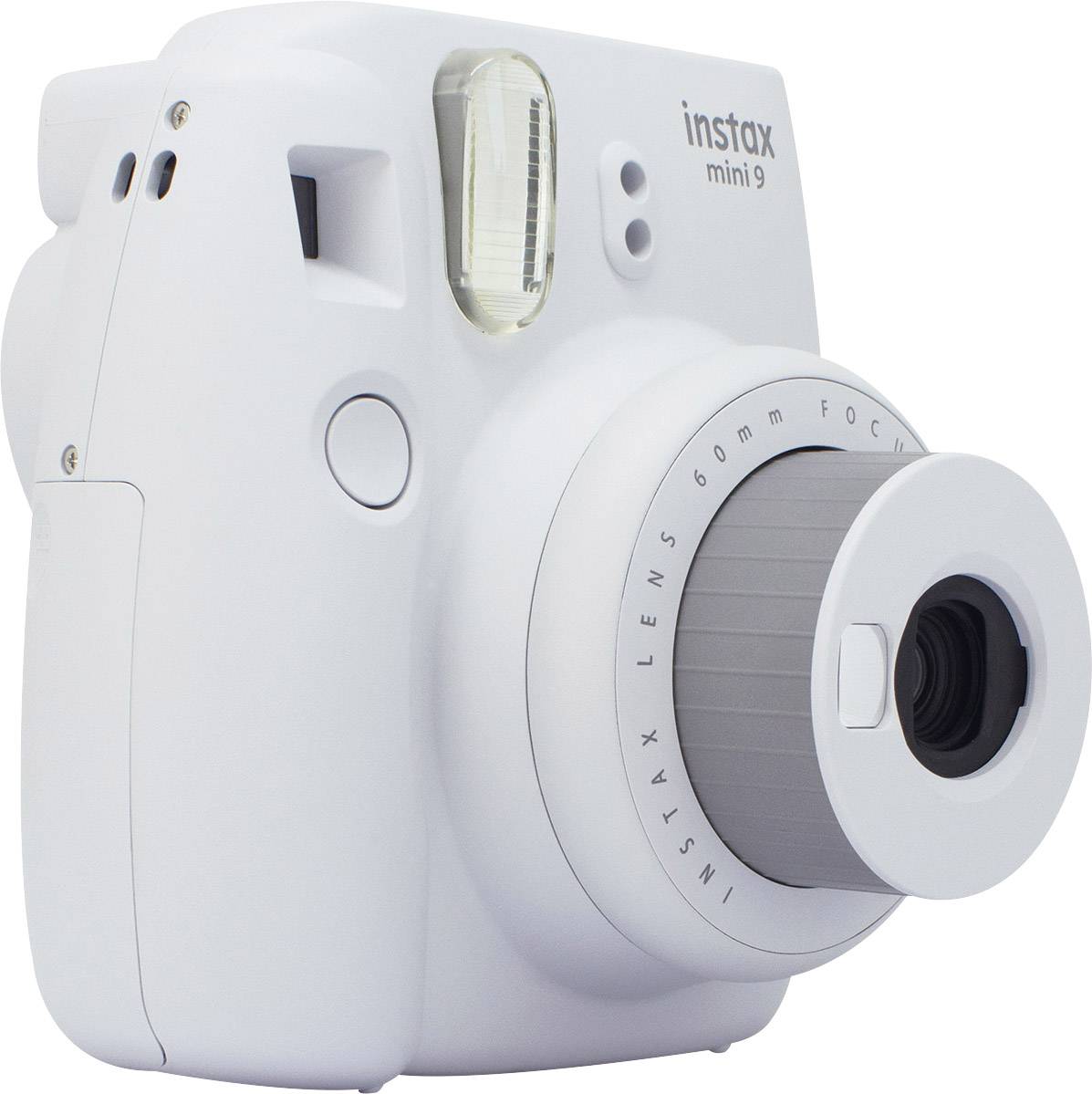 Weiße Sofortbildkamera, Modell 'instax mini 9', zeigt Vorderansicht mit Objektiv und Blitz.