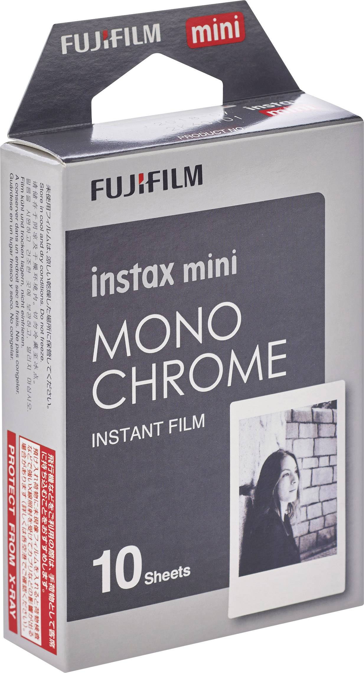 Packung Fujifilm Instax Mini Monochrom-Sofortbildfilm mit 10 Blatt. Vorderseite zeigt schwarz-weißes Foto einer Person.