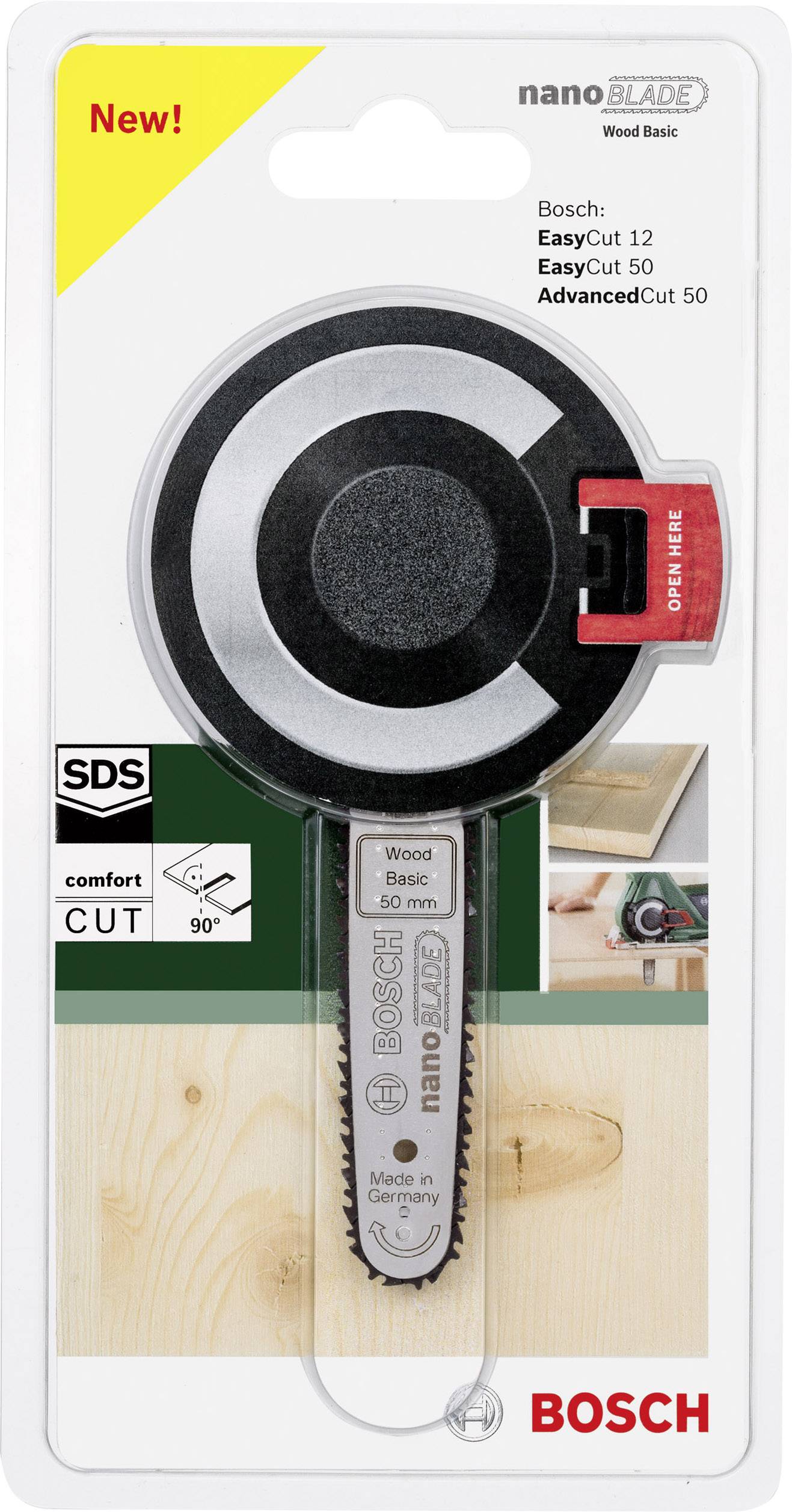 Verpackung einer Bosch 'wood basic' Sägekette mit nanoBlade-Technologie, geeignet für EasyCut 12, EasyCut 50 und AdvancedCut 50.