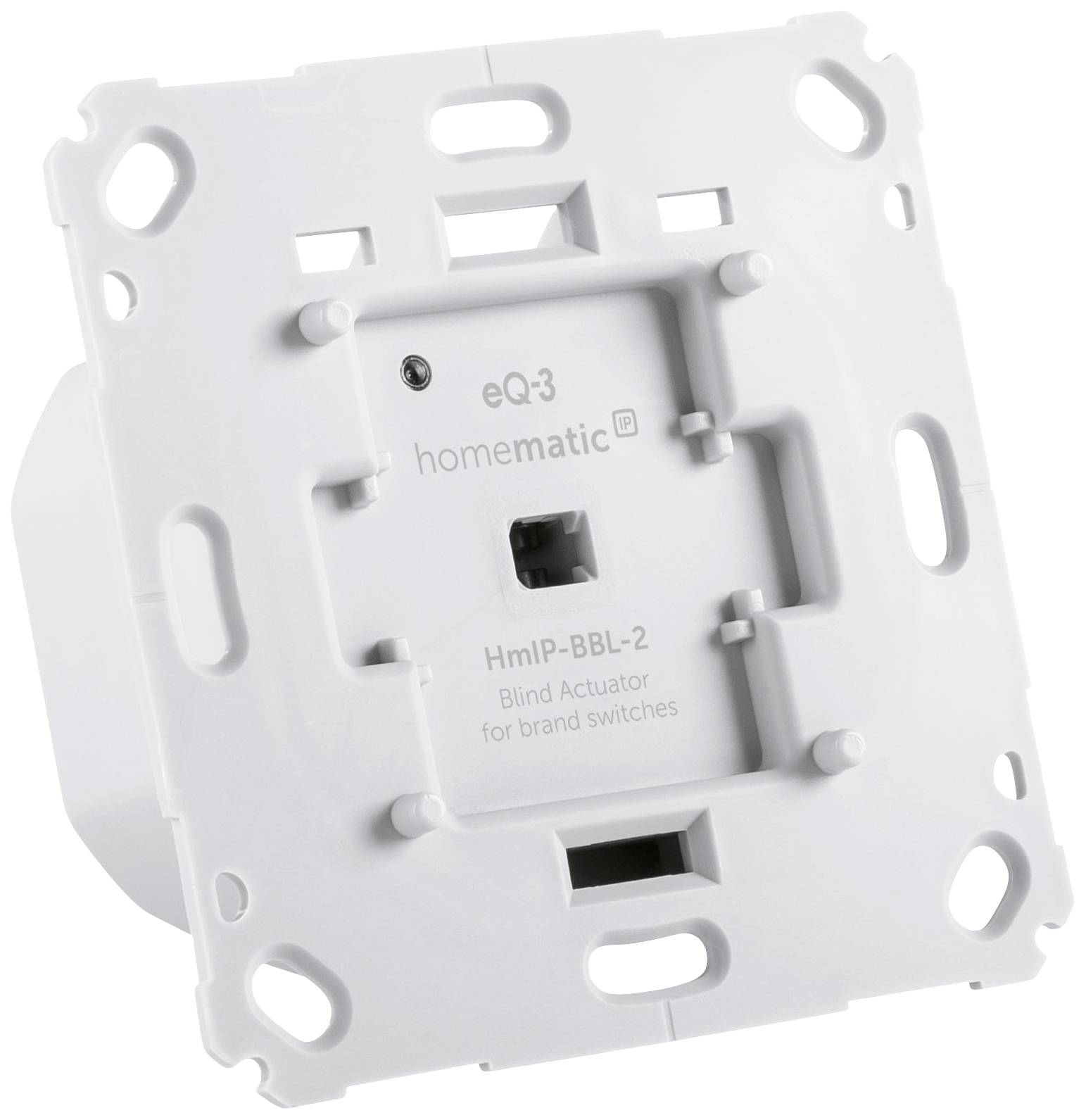 Ein weißer HmIP-BBL-2 Jalousieaktor von eQ-3, passend für Markenschalter, zur Steuerung von Rollläden oder Jalousien in Smart-Home-Systemen.