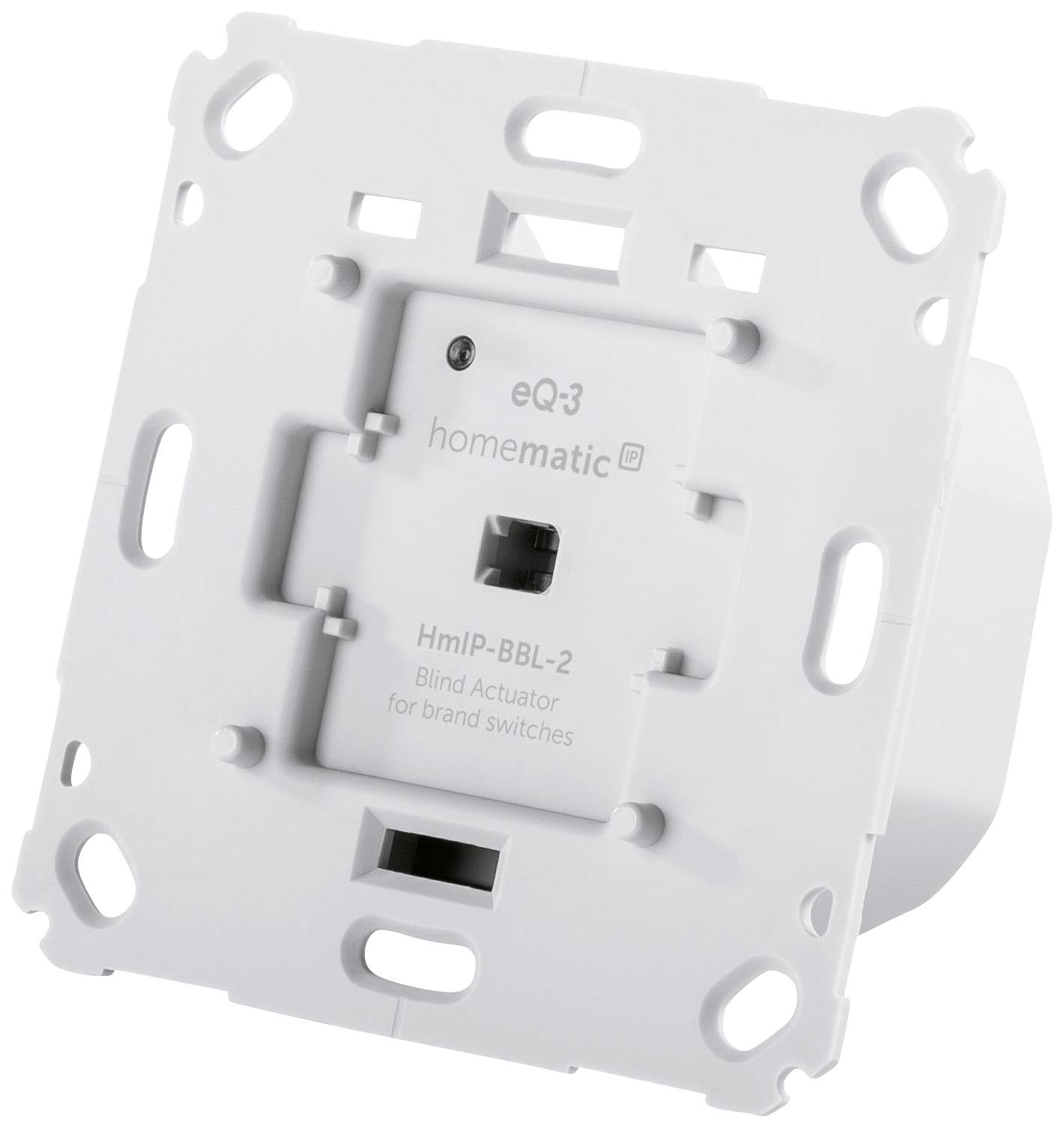 Ein weißer Homematic IP Jalousie-Aktor für Markenschalter, Modell HmIP-BBL-2, montierbar in Wandschaltkästen, zur Steuerung von Jalousien.