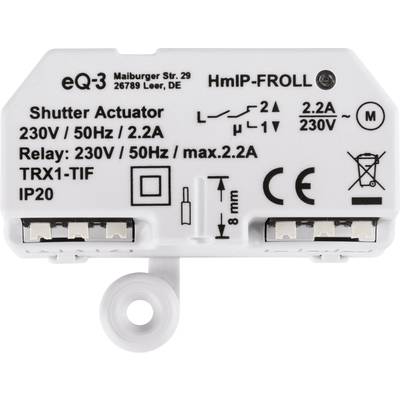 'Shutter Actuator' Gerätetikett mit technischen Spezifikationen: 230V/50Hz, max. 2,2A. Enthält Symbole für Sicherheits- und Installationshinweise.