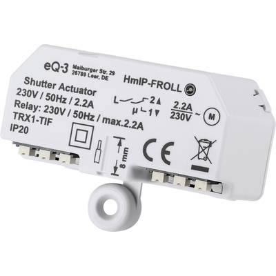 'Shutter Actuator' von eQ-3, Modell HmIP-FROLL, für 230V/50Hz, max. 2,2A. Weißes Gehäuse mit mehreren Anschlüssen und CE-Kennzeichnung.