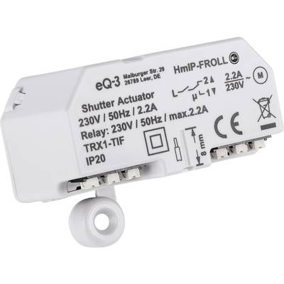 Ein weißer Rollladenantrieb mit technischen Spezifikationen: 230V, 50Hz, 2.2A. Markenlogo und Symbole sind sichtbar.