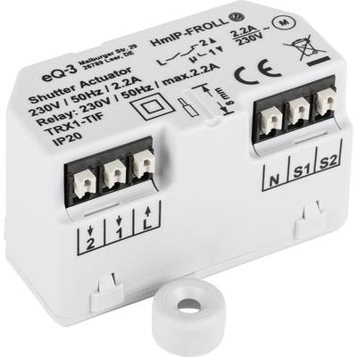 Ein weißer Jalousieaktor von eQ-3 für elektrische Steuerung, 230V, 50Hz. Gehäuse mit Symbolen und Anschlüssen, geeignet für Innenmontage.