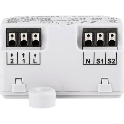 Weißes elektrisches Modul mit mehreren Anschlussklemmen, die mit Zahlen und Buchstaben für verschiedene Schaltungen beschriftet sind.