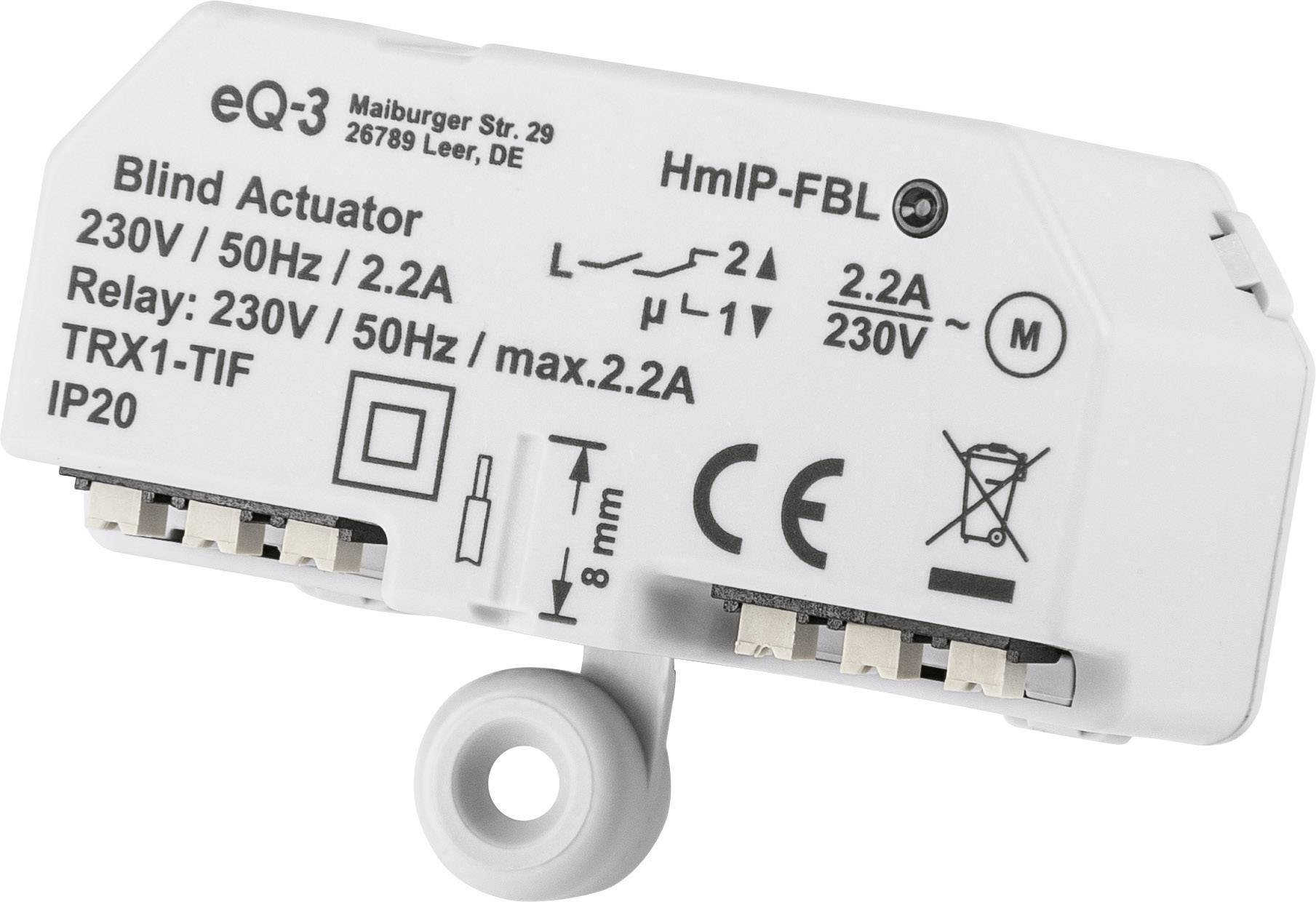 Ein weißer Jalousieaktor mit technischen Spezifikationen: 230V/50Hz, max. 2,2A, IP20. Hersteller: eQ-3, Modell: HmIP-FBL.