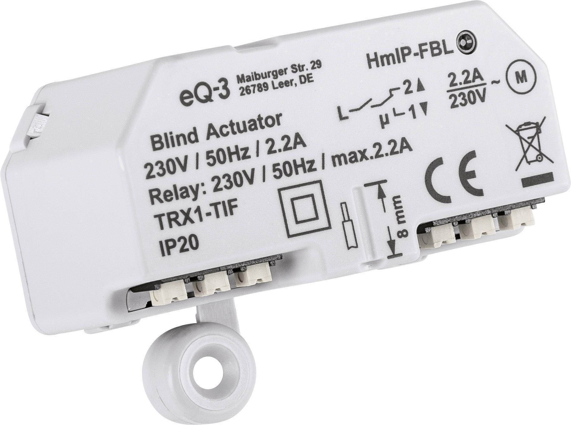 'Blind Actuator' Gerät mit Spezifikationen: 230V, 50Hz, 2.2A, IP20. Hersteller: eQ-3, HmIP-FBL. Hauptfunktion: Rollladensteuerung.