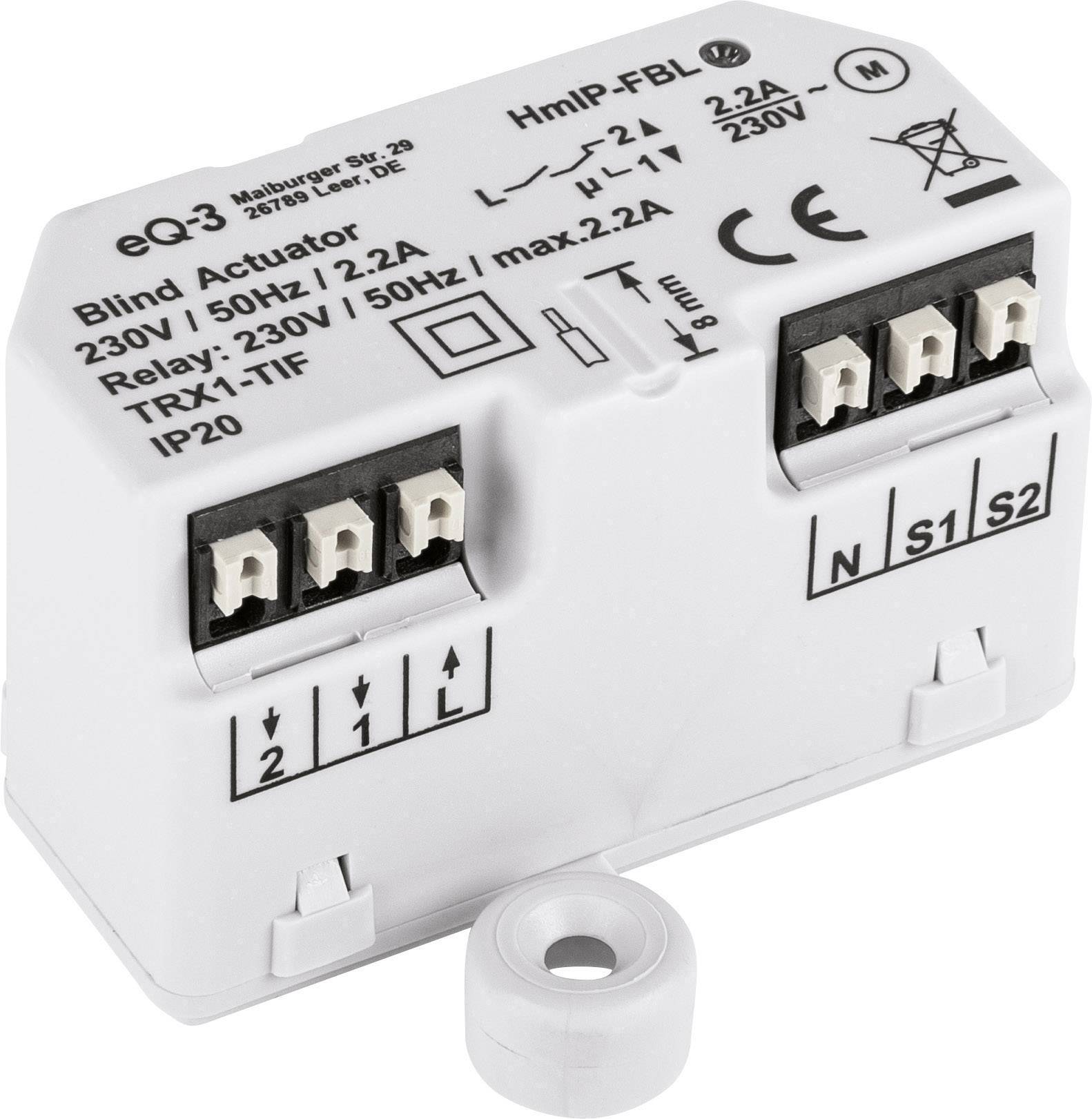 Weißer Jalousieaktor für Smart-Home-Systeme, erkennbar durch technische Beschriftungen und Anschlüsse an der Oberseite.