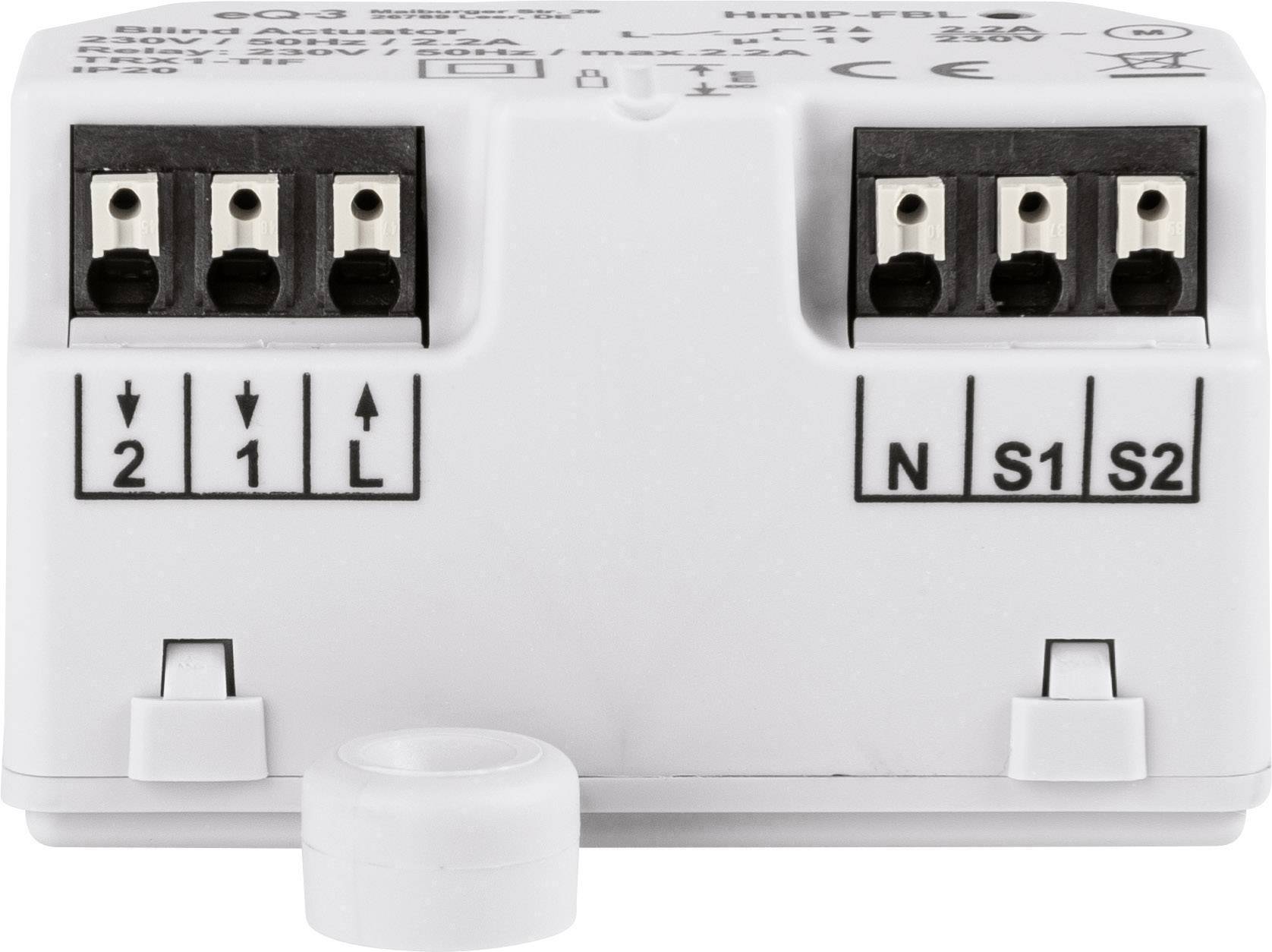 Elektrisches Bauteil mit zwei Anschlussreihen, beschriftet mit '2', '1', 'L' auf der linken Seite und 'N', 'S1', 'S2' auf der rechten.
